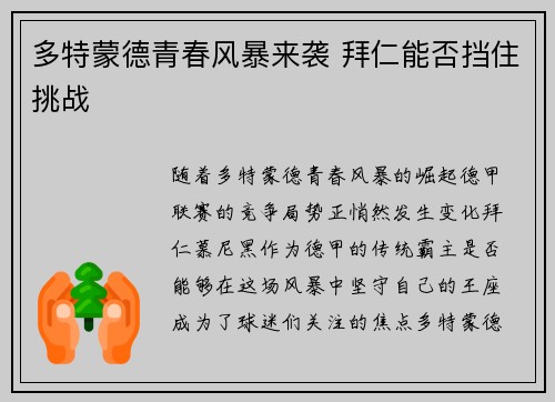 多特蒙德青春风暴来袭 拜仁能否挡住挑战