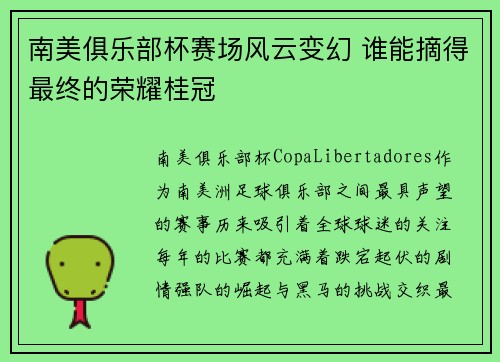 南美俱乐部杯赛场风云变幻 谁能摘得最终的荣耀桂冠