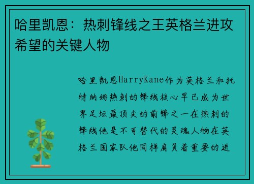 哈里凯恩：热刺锋线之王英格兰进攻希望的关键人物