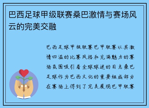 巴西足球甲级联赛桑巴激情与赛场风云的完美交融