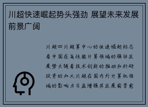 川超快速崛起势头强劲 展望未来发展前景广阔