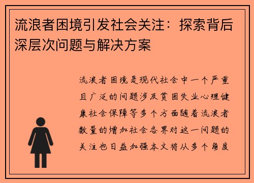 流浪者困境引发社会关注：探索背后深层次问题与解决方案