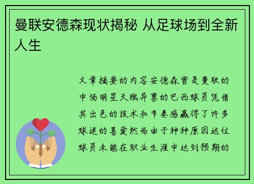 曼联安德森现状揭秘 从足球场到全新人生